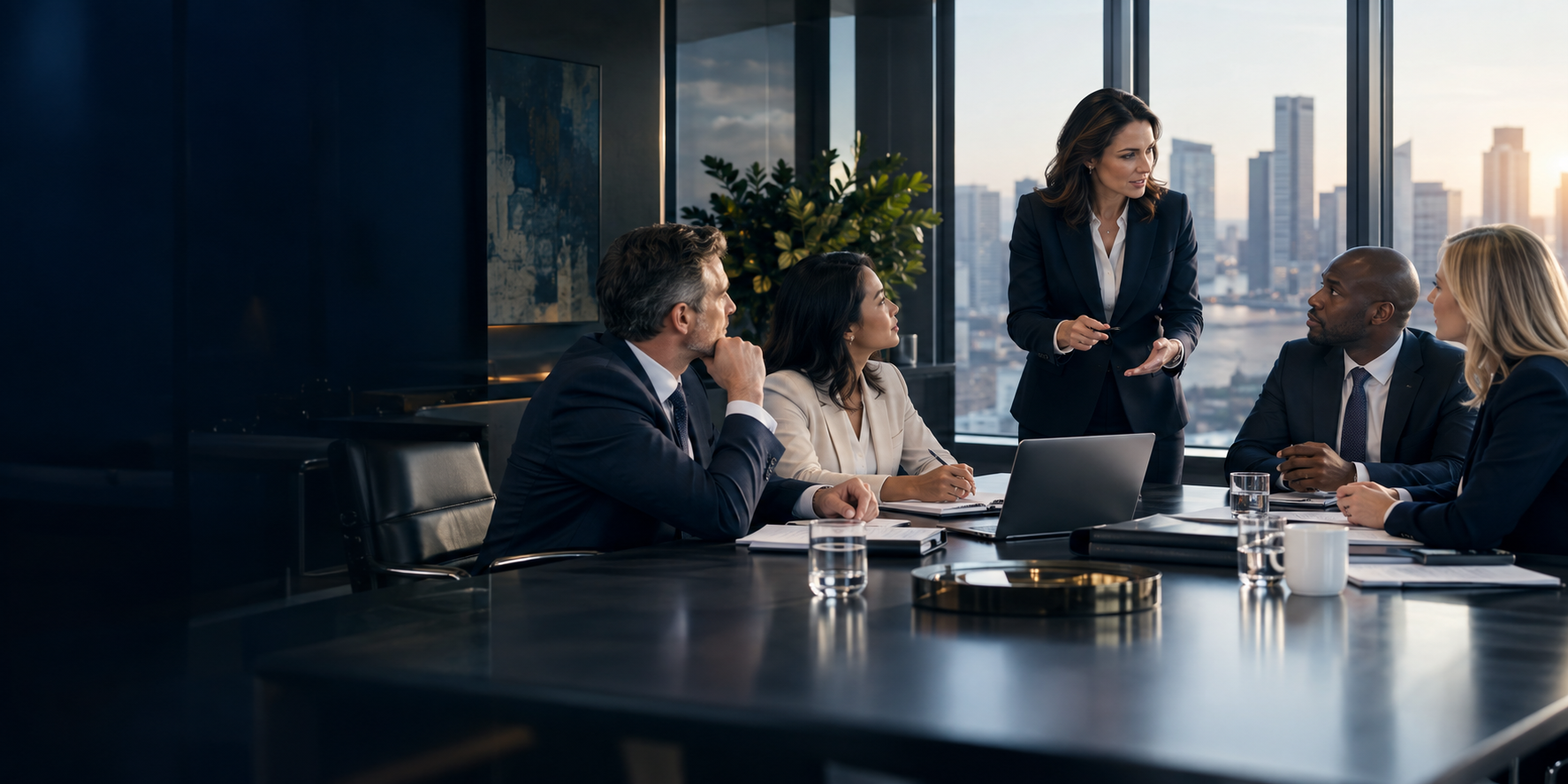 Executive planning discussion in a modern conference room